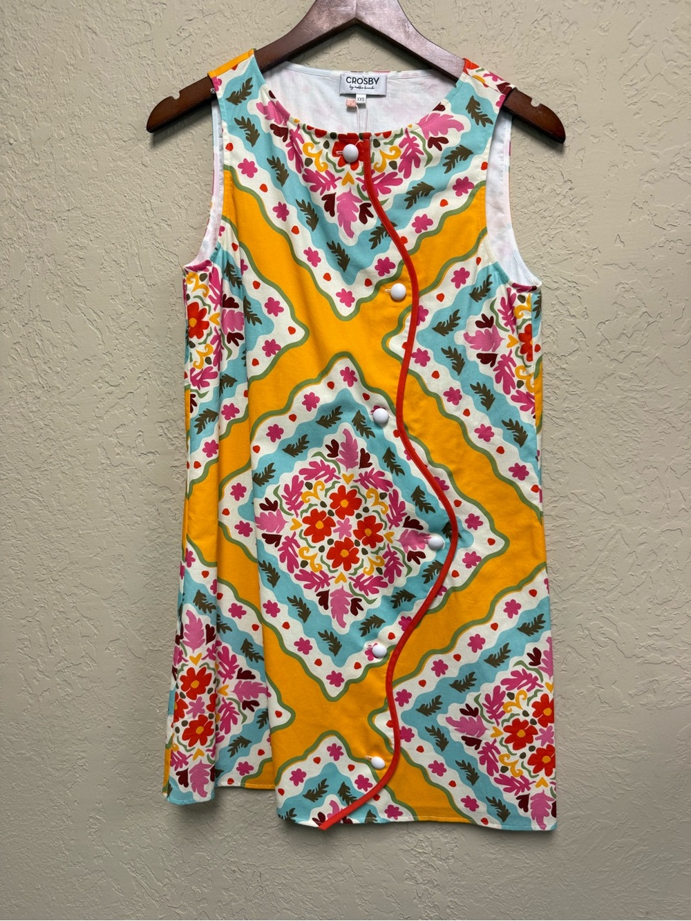 Crosby Sleeveless Floral Tile Print Shift Dress in Yellow and Turquoise